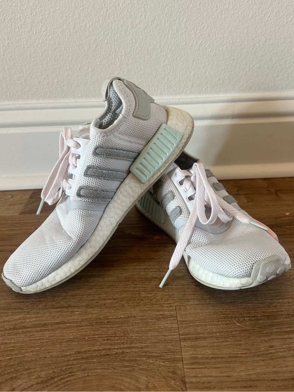 adidas Athletic Sneakers with Mint, Light Pink, and Silver Metallic Accents